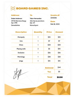 Yellow Games Invoice - free Google Docs Template - 1923