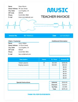 Music Teacher Sheet Invoice - free Google Docs Template - 2657