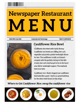 Yellow Restaurant Menu Newspaper - free Google Docs Template - 3028