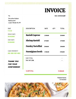 Italian Restaurant Invoice - free Google Docs Template - 1009
